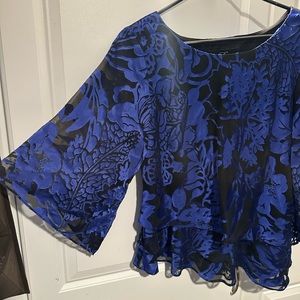 Blue and Black Relaxed Ruffled Bell Sleeve Blouse